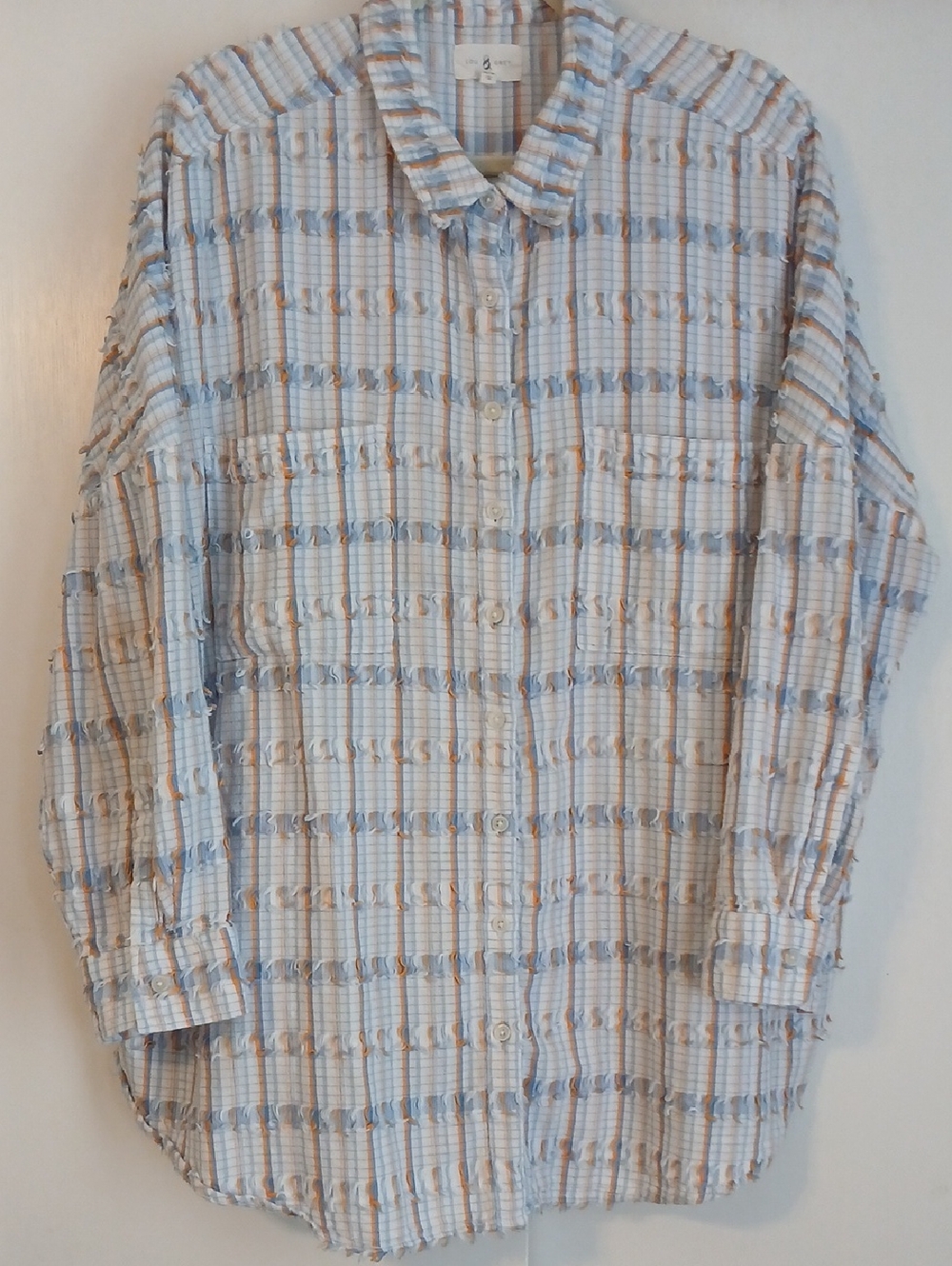 Lou & Grey Light Blue & Orange Striped Fringe Button Down Shirt Size XXL (NWOT)